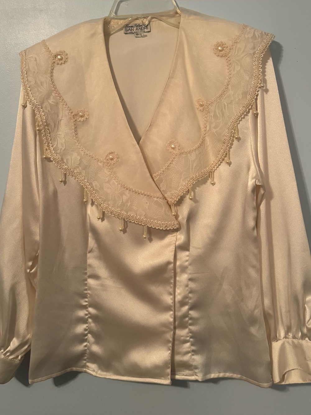 SAN Andre Ivory Satin Lace-Trim Blouse
